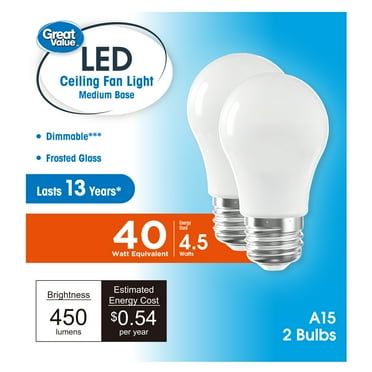 Great Value A15 LED Ceiling Fan Bulb, 4.5-Watt (40W Equivalent) Daylight Dimmable E26 Base (2 Pack)