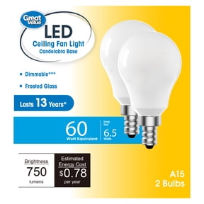 Great Value A15 LED Ceiling Fan Bulb, 6.5-Watt (60W Equivalent) E12 Candelabra Base Soft White, 2 Pack
