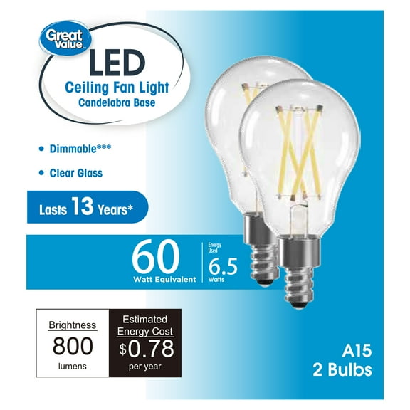 Great Value A15 LED Ceiling Fan Bulb, 6.5 Watts (60W Equivalent) Daylight Dimmable E12 Base (2 Pack)