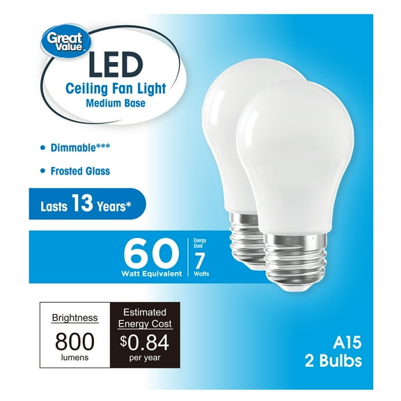 Great Value A15 LED Ceiling Fan Bulb, 7W (60W Equivalent) Daylight Dimmable E26 Medium Base, 2 Pack