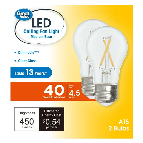 Great Value A15 LED Ceiling Fan Light Bulb, 4.5-Watt (40W Equivalent) Soft White Dimmable E26 Base 2 Pack