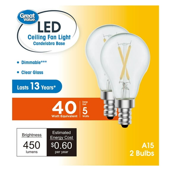 Great Value A15 LED Ceiling Fan Light Bulb, 5-Watt (40W Equivalent) Soft White Dimmable E12 Base (2 Pack)
