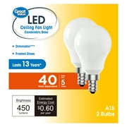 Great Value A15 LED Ceiling Fan Light Bulb, 5 Watt (40W Equivalent) Soft White Dimmable E12 Base (2 Pack)