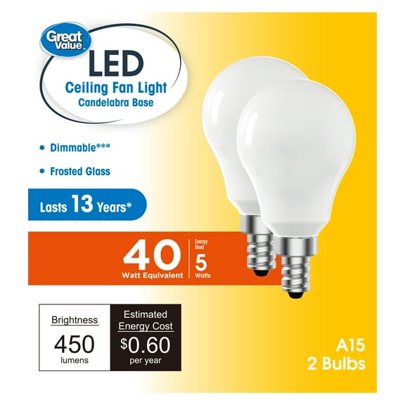 Great Value A15 LED 5W (40W Equivalent) Soft White E12 Candelabra Base Ceiling Fan Light Bulbs, Dimmable, 2 Pack