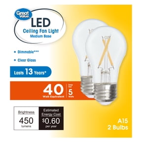 Great Value LED Ceiling Fan Bulb 5W(40W Equivalent) Soft White A15 with E26 Base Dimmable, 2PK