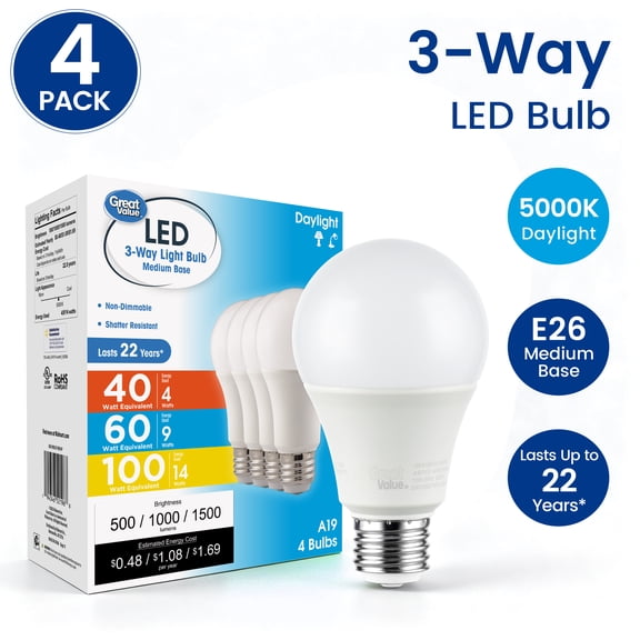 Great Value A19 3-Way LED Light Bulb, 40/60/100W Equivalent, Daylight, E26 Medium Base (4 Pack)