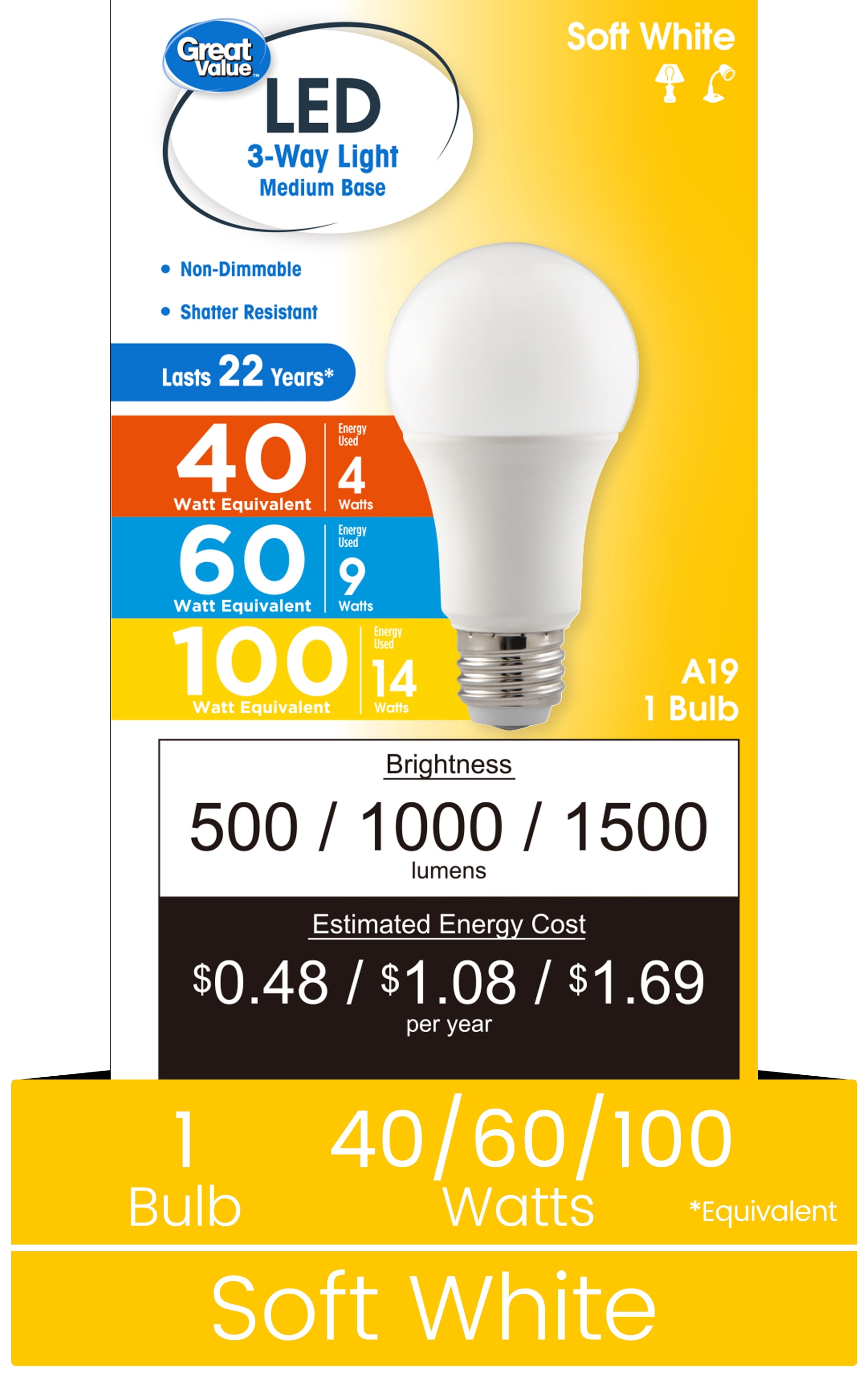 Great Value A19 3-Way LED Light Bulb, 40/60/100 Watts Tunable, Soft White, E26 Medium Base (1 Pack)