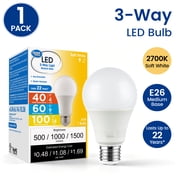 Great Value A19 LED 3-Way Light Bulb, Soft White 2700 K, E26 Medium Base, 40/60/100 W Equivalent, 1 Pack