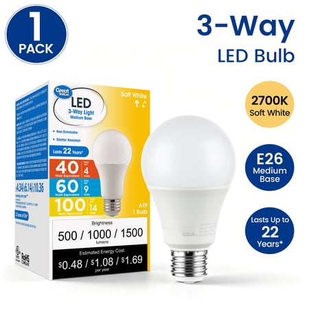 Great Value A19 LED 3-Way Light Bulb, Soft White 2700 K, E26 Medium Base, 40/60/100 W Equivalent, 1 Pack