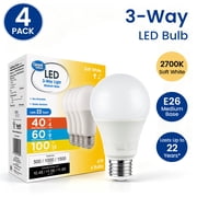 Great Value A19 3-Way LED Light Bulb, Soft White 2700K, E26 Medium Base, 40W/60W/100W Equivalent, 4 Pack