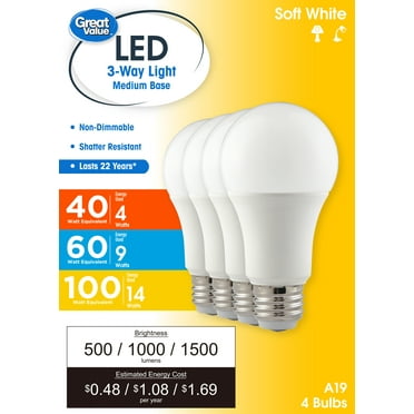 Great Value A19 3-Way LED Light Bulb, 40/60/100 Watts Tunable, Soft White, E26 Medium Base (4 Pack)