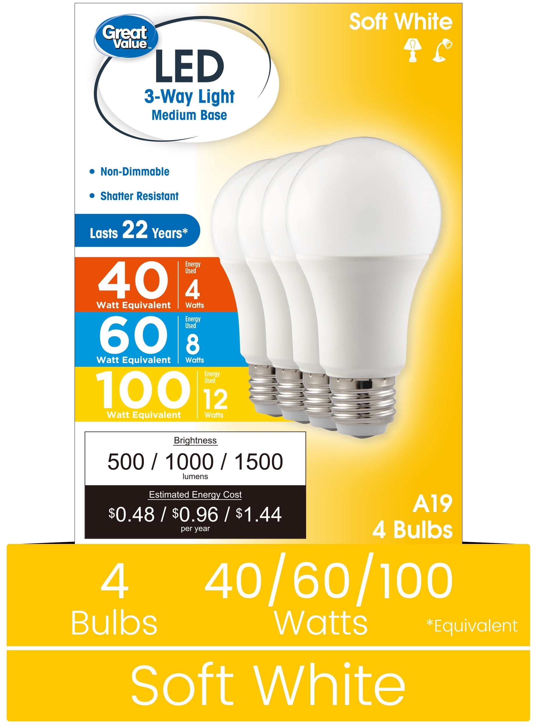 6-Pack 43W A19 Halogen Light Bulbs – 120V, 2700K Warm White, Dimmable, CRI 100, 2000-Hour Lifespan (Replaces 60W)