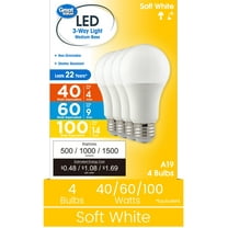 Great Value A19 3-Way LED Light Bulb, 40/60/100 Watts Tunable, Soft White, E26 Medium Base (4 Pack)