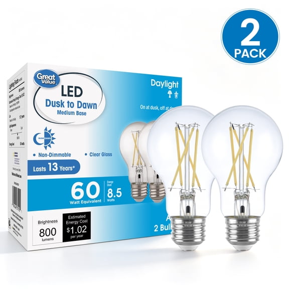 Great Value A19 Dusk to Dawn Auto On/Off LED Light Bulb, 8.5W (60W Equivalent), E26 Base, Daylight, 2 Pack