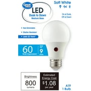 Great Value A19 Dusk to Dawn Auto On/Off LED Light Bulb, 9-Watt (60W Equivalent) E26 Medium Base