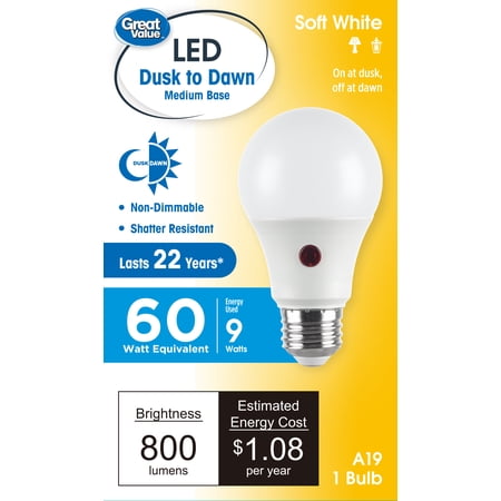 Great Value A19 Dusk to Dawn Auto On/Off LED Light Bulb, 9-Watt (60W Equivalent) E26 Medium Base