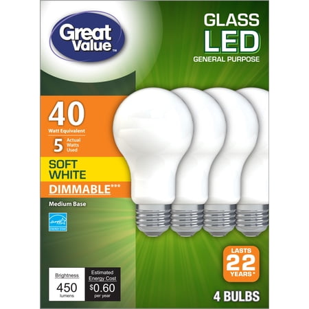 Great Value A19 Frosted General Purpose LED Light Bulb, 40W Replacement, Soft White, 4-Pack