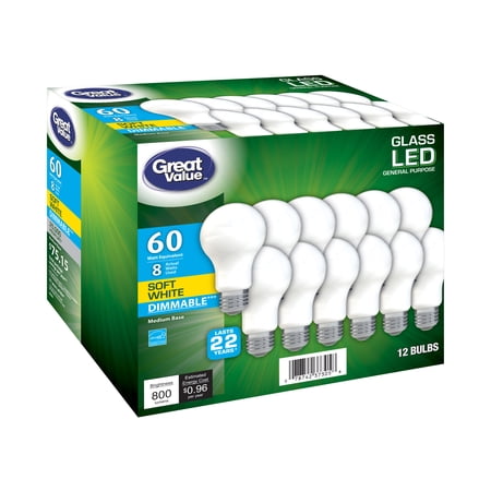 Great Value A19 Frosted General Purpose LED Light Bulb, 60W Replacement, Soft White, 12-Pack