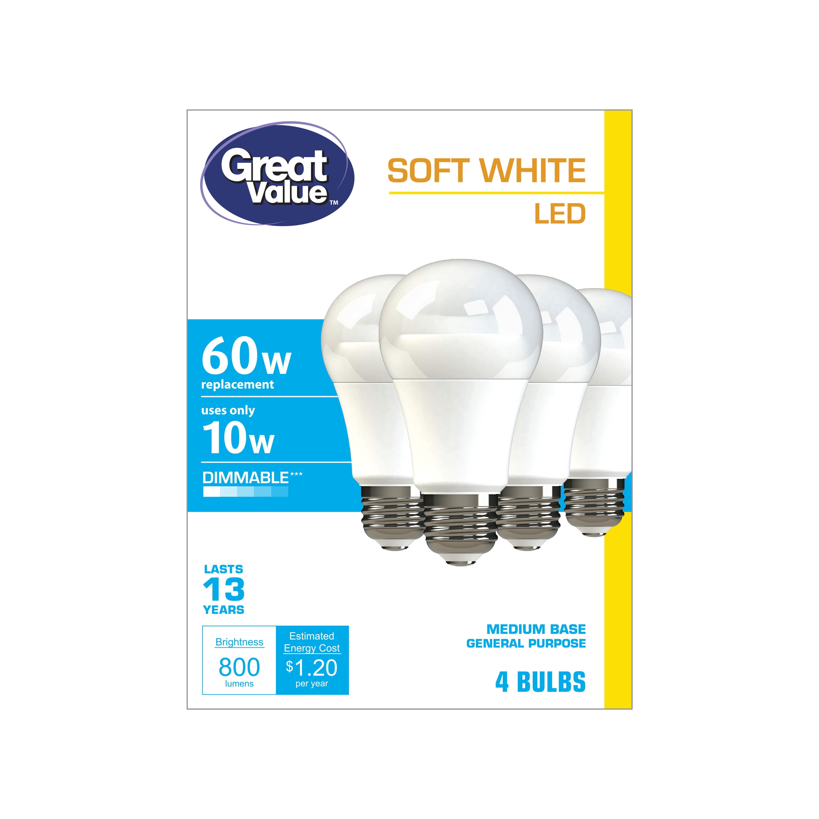 Great Value A19 Frosted Indoor General Purpose LED Light Bulb, 60W Replacement, Soft White, 4-Pack