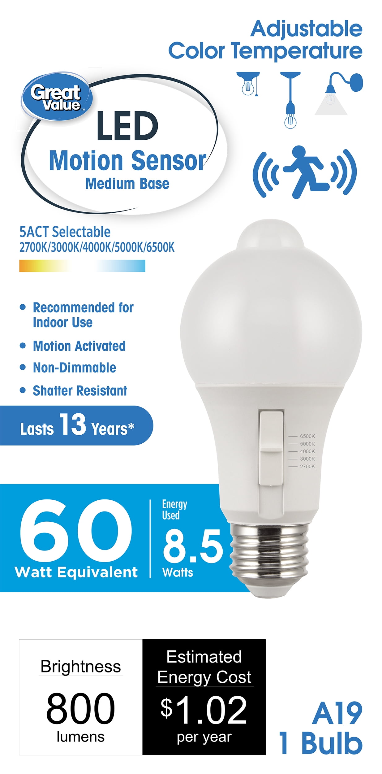 Great Value A19 LED Light Bulb, Indoor PIR Motion Sensor, Non-D2D, 60W Equivalent, E26 Medium Base, 6-10 ft