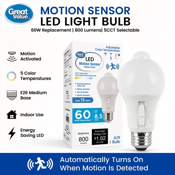 Great Value A19 LED Light Bulb, Indoor PIR Motion Sensor, Non-D2D, 60W Equivalent, E26 Medium Base, 6-10 ft