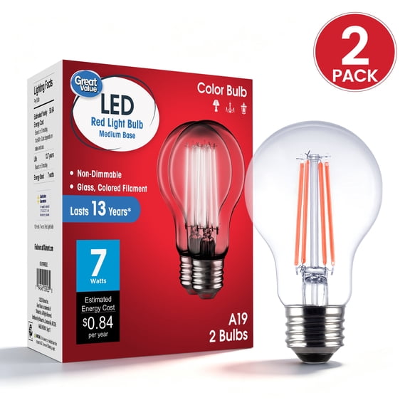 Great Value A19 LED 7W E26 Medium Base Decorative Red Light Bulbs, 2 Pack