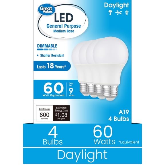 Great Value A19 LED 9W 60W Equivalent Daylight E26 Medium Base General Purpose Light Bulbs, Dimmable, 4 Pack