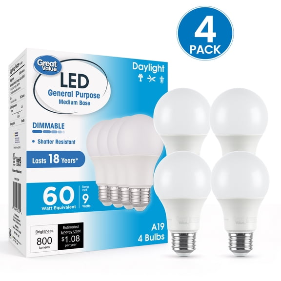Great Value A19 LED General Purpose Light Bulbs, 9W (60W Equivalent), Daylight, E26 Medium Base, Dimmable, 4 Pack