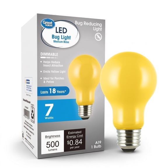Great Value A19 LED Bug Light Bulb, Yellow Glass, Dimmable, E26 Medium Base, 500 Lumens, 1-Pack