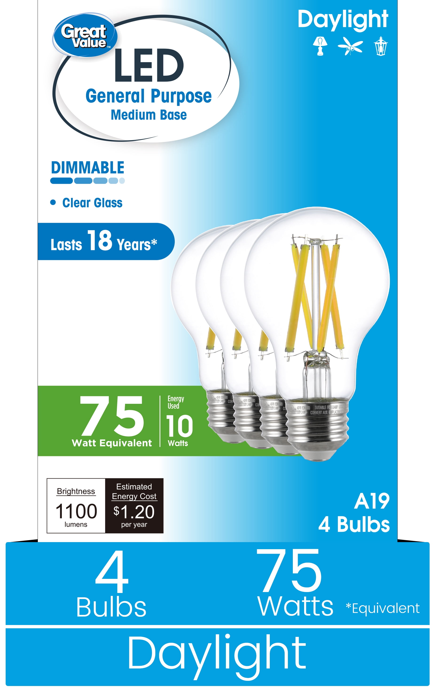 Great Value 18YR A19 LED Light Bulb, 10W (75W Equivalent) Dimmable Daylight E26 Medium Base (4 Pack)