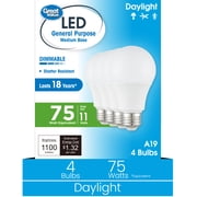 Great Value A19 LED Light Bulb, 11W, 75W Equivalent, Dimmable Daylight, E26 Medium Base, 4 Pack