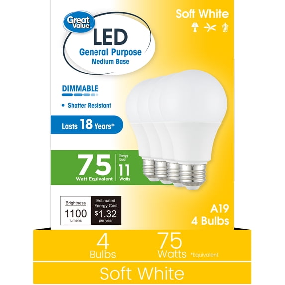 Great Value A19 LED 11W (75W Equivalent) Soft White E26 Medium Base Light Bulbs, Dimmable, 4 Pack