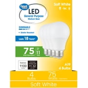 Great Value A19 LED 11W 75W Equivalent Soft White E26 Medium Base Light Bulbs, Dimmable, 4 Pack