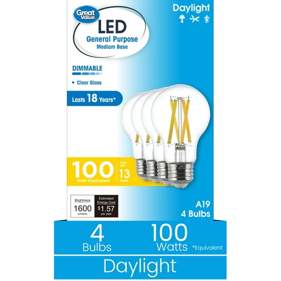 Great Value 18YR A19 LED Light Bulb, 13W (100W Equivalent) Dimmable Daylight E26 Medium Base (4 Pack)