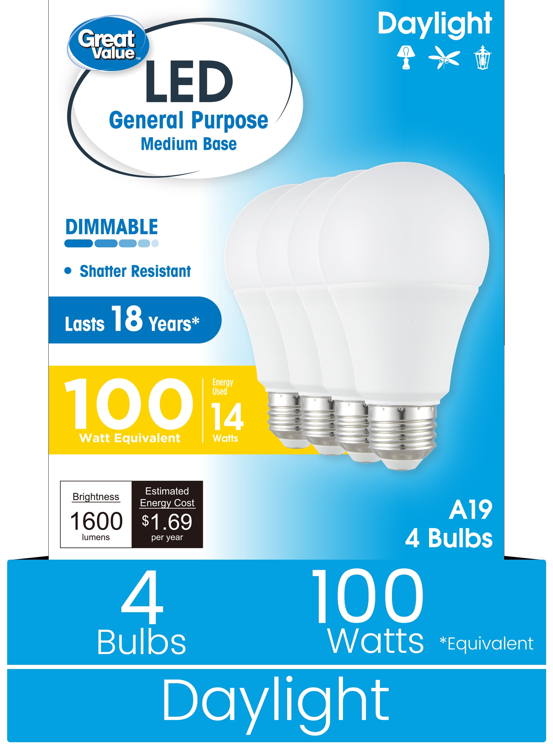 Great Value 18YR A19 LED Light Bulb, 13W (100W Equivalent) Dimmable, Daylight E26 Medium Base, 4 Pack