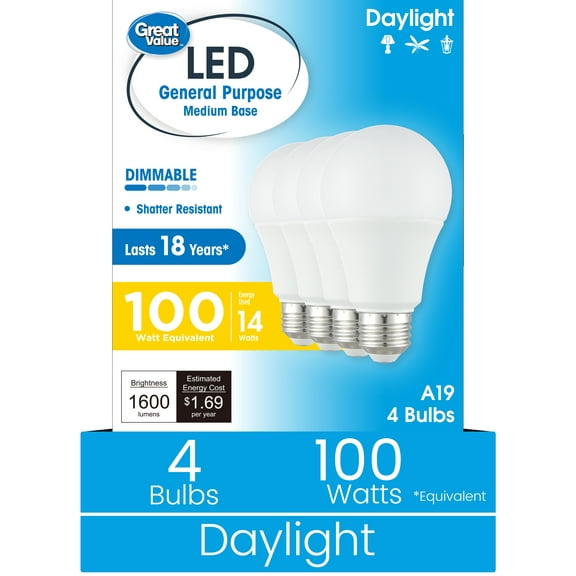 Great Value 18YR A19 LED Light Bulb, 13W (100W Equivalent) Dimmable, Daylight E26 Medium Base, 4 Pack