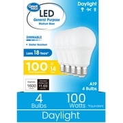 Great Value A19 LED Light Bulb, 13W, 100W Equivalent, Dimmable, Daylight, E26 Medium Base, 4 Pack
