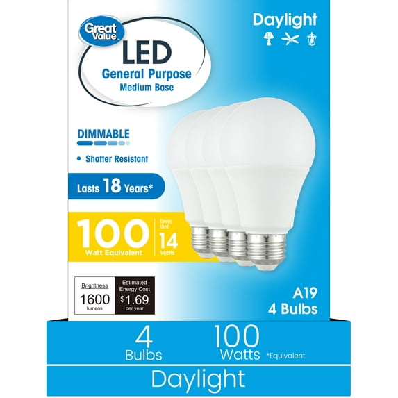 Great Value 18YR A19 LED Bulb, 13-Watt (100W Equivalent) E26 Base, Dimmable, Daylight, 4-Pack