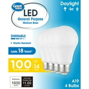 Great Value 18YR A19 LED Light Bulb, 13W (100W Equivalent) Dimmable, Daylight E26 Medium Base, 4 Pack