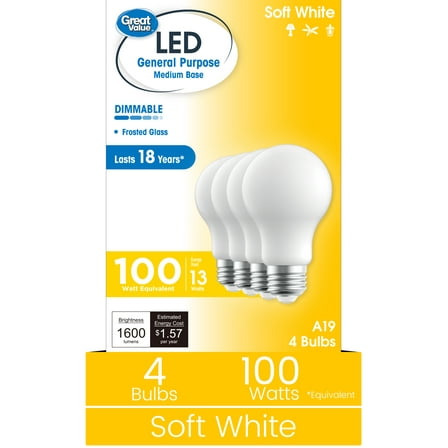Great Value 18YR A19 LED Light Bulb, 13W (100W Equivalent) Dimmable Soft White E26 Base (4 Pack)