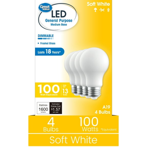 Great Value 18YR A19 LED Light Bulb, 13W (100W Equivalent) Dimmable Soft White E26 Base (4 Pack)