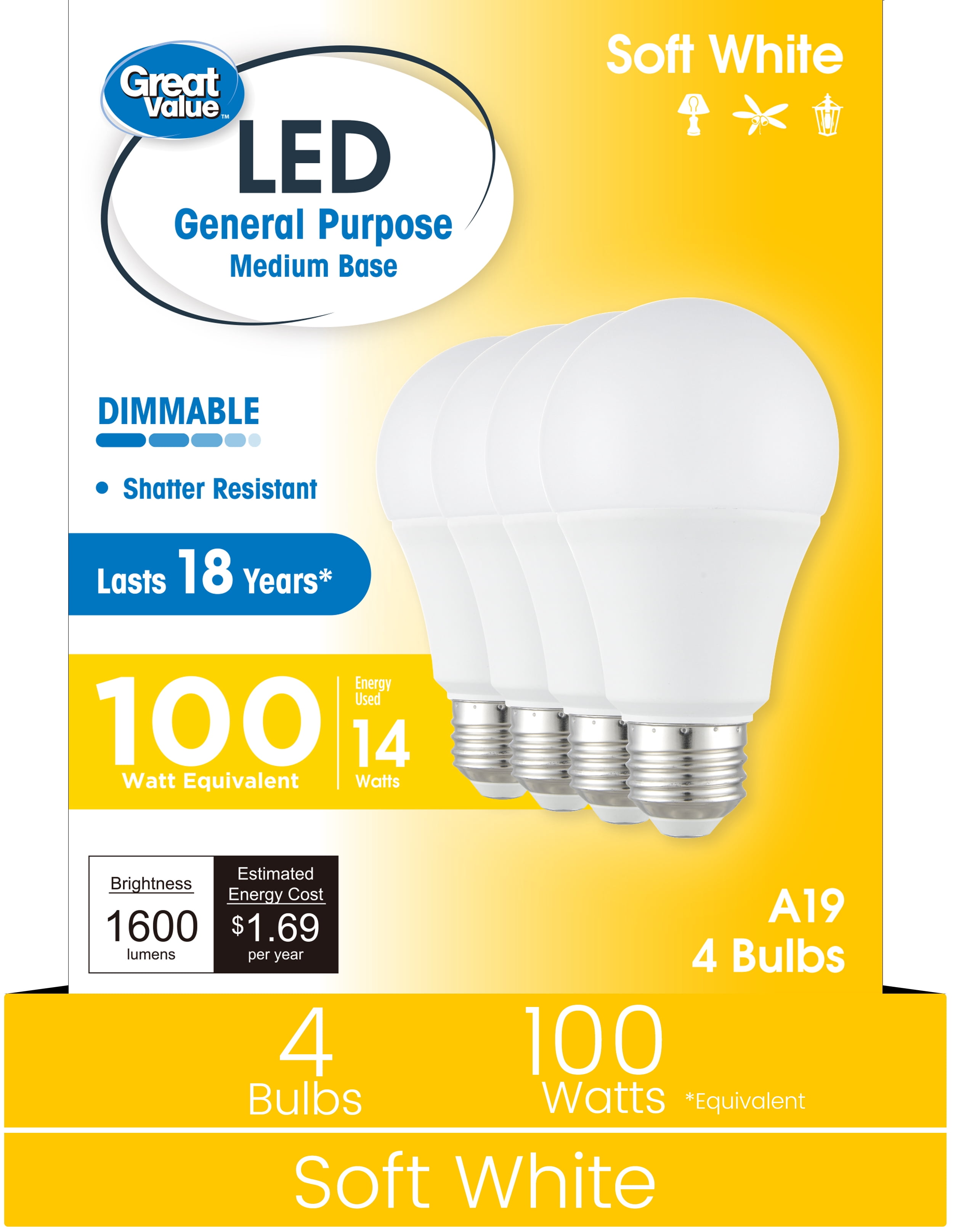 Great Value A19 LED 13W (100W Equivalent) Soft White E26 Medium Base General Purpose Light Bulbs, Dimmable, 4 Pack
