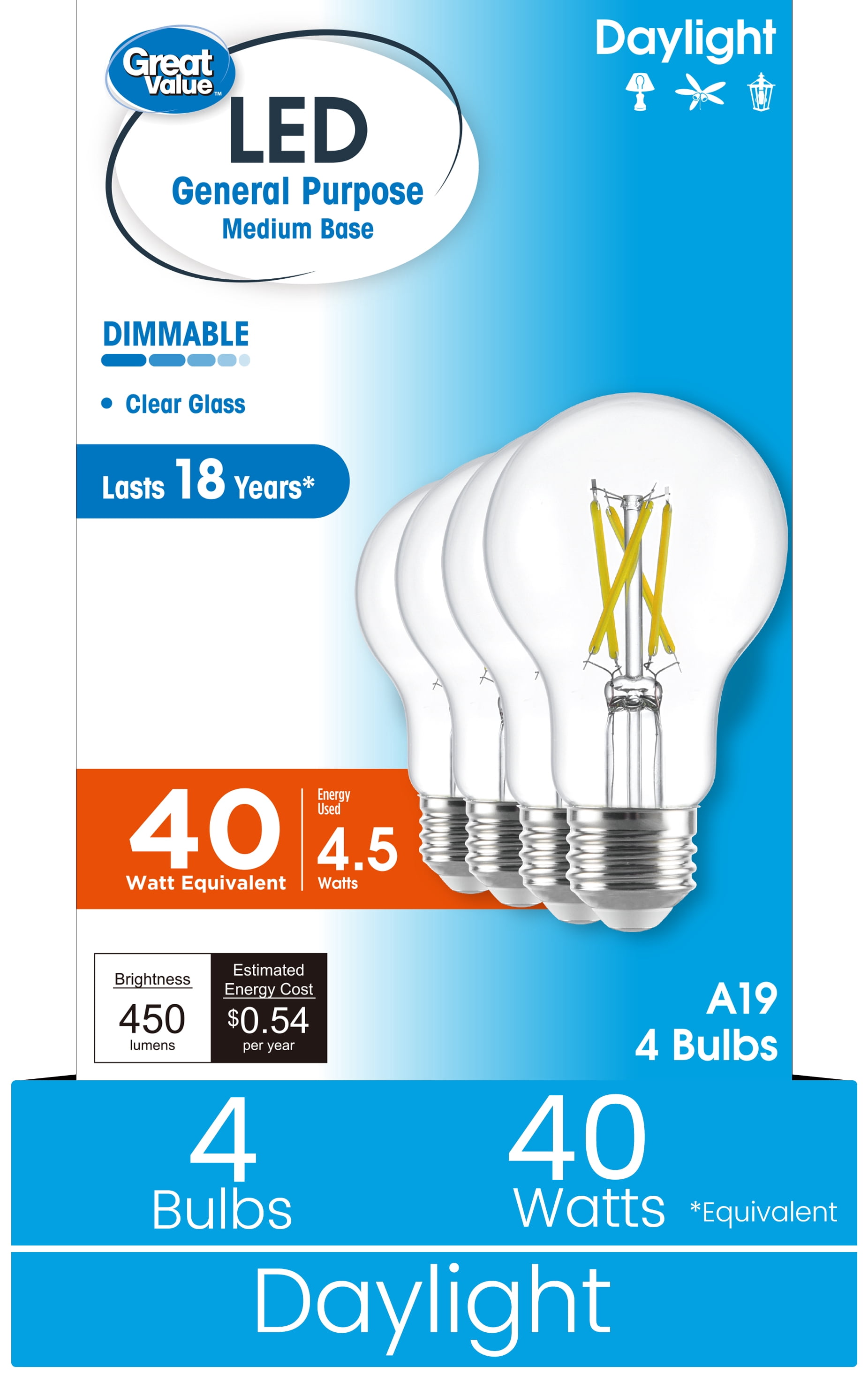 Great Value 18YR A19 LED Light Bulb, 4.5W (40W Equivalent) Dimmable Daylight E26 Medium Base (4 Pack)