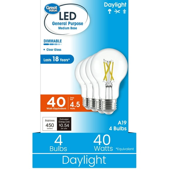 Great Value 18YR A19 LED Light Bulb, 4.5W (40W Equivalent) Dimmable Daylight E26 Medium Base (4 Pack)