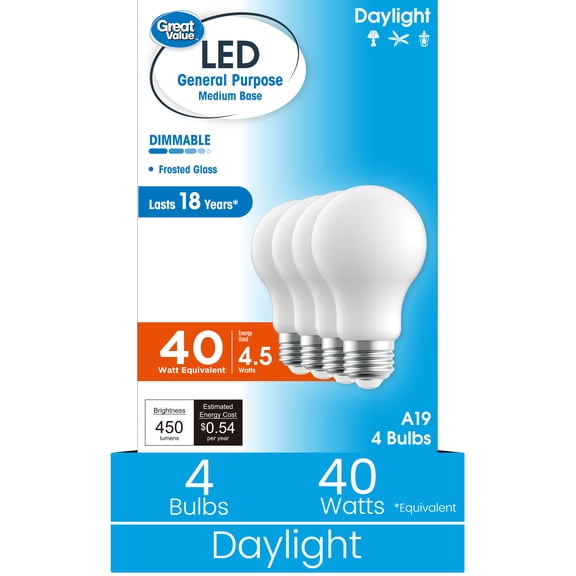 Great Value A19 LED 4.5W (40W Equivalent) Daylight E26 Medium Base Light Bulbs, Dimmable, 4 Pack