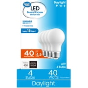 Great Value A19 LED 4.5W (40W Equivalent) Daylight E26 Medium Base Light Bulbs, Dimmable, 4 Pack