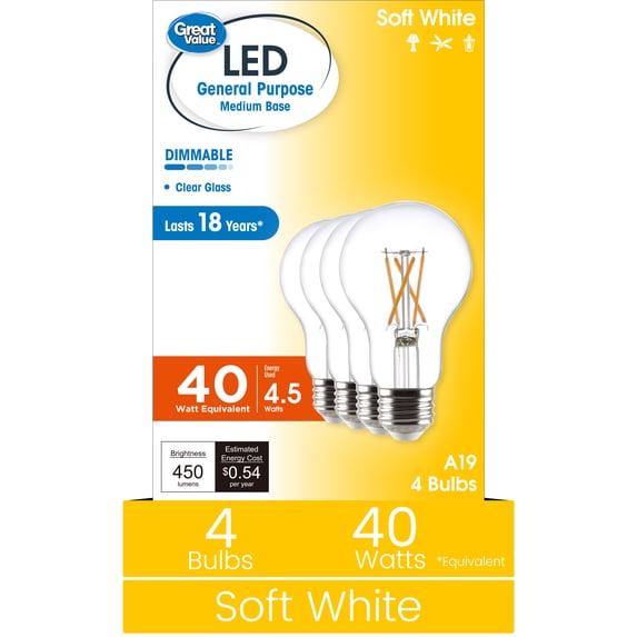 Great Value 18YR A19 LED Light Bulb, 4.5W (40W Equivalent) Dimmable Soft White E26 Base, 4 Pack