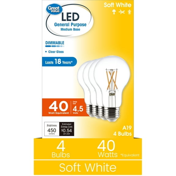 Great Value 18YR A19 LED Light Bulb, 4.5W (40W Equivalent) Dimmable Soft White E26 Base, 4 Pack