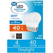 Great Value 18YR A19 LED Light Bulb, 6W 40W Equivalent Dimmable Daylight E26 Medium Base, 4 Pack