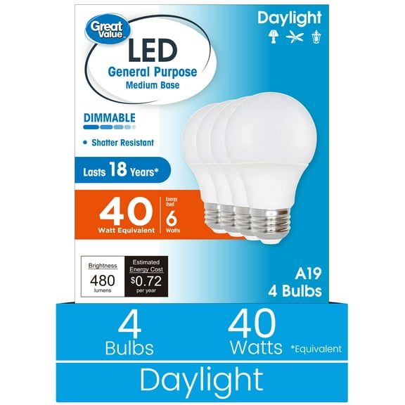 Great Value 18YR A19 LED Light Bulb, 6W (40W Equivalent) Dimmable Daylight E26 Medium Base, 4 Pack